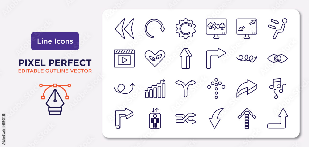 Poster user interface outline icons set. thin line icons such as arrowheads, display size, 3d up arrow, up 