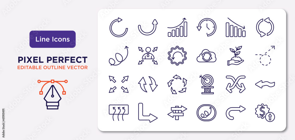 Poster user interface outline icons set. thin line icons such as rotate arrow, reduce, downward rotation, s