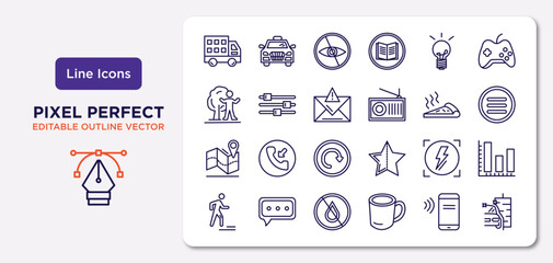 ultimate glyphicons outline icons set. thin line icons such as big cargo truck, light bulb on, error message, map locator, automatic flash, drop crossed, phone connection, car wash vector.