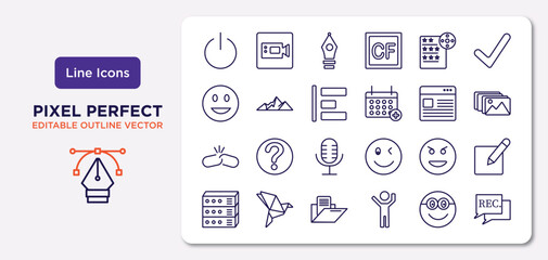 user interface outline icons set. thin line icons such as turn off, film list, object alignment, disconnected chains, evil smile, data folder, nerd smile, recording conversation vector.