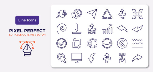 user interface outline icons set. thin line icons such as job transition, 3 pvc, hdpe 2, right, go back button, curve arrow, bending, right curve arrow vector.