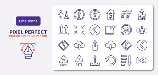 user interface outline icons set. thin line icons such as exchange personel, industrial action, double arrows, left reverse curve, curvy road ahead, upload button, sorting, rewind vector. - obrazy, fototapety, plakaty