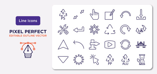 user interface outline icons set. thin line icons such as 6 ps, curve arrows, expand arrows, navigation arrow, refresh button, mouse arrow, 41 alu, wait cursor vector.