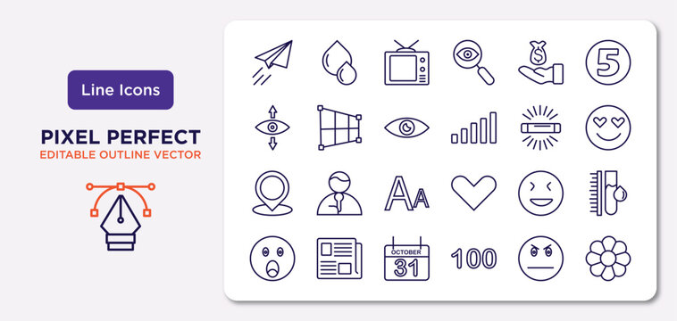 user interface outline icons set. thin line icons such as paper plane flying, earn money, visual, point at, joyful smile, octuber 31, angry smile, image of a flower vector.