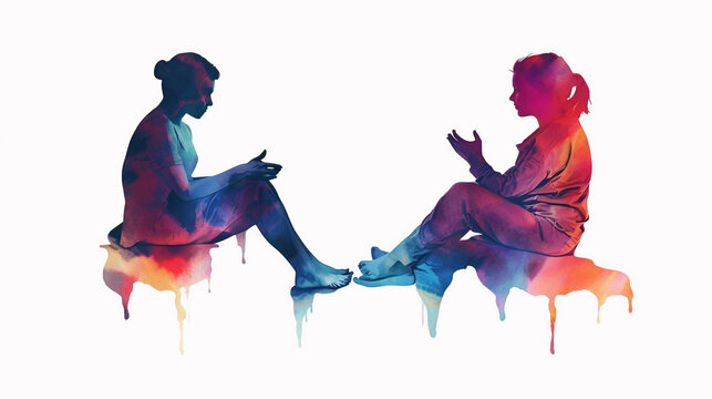 Watercolor Painting of Two People talking, Having a Therapy