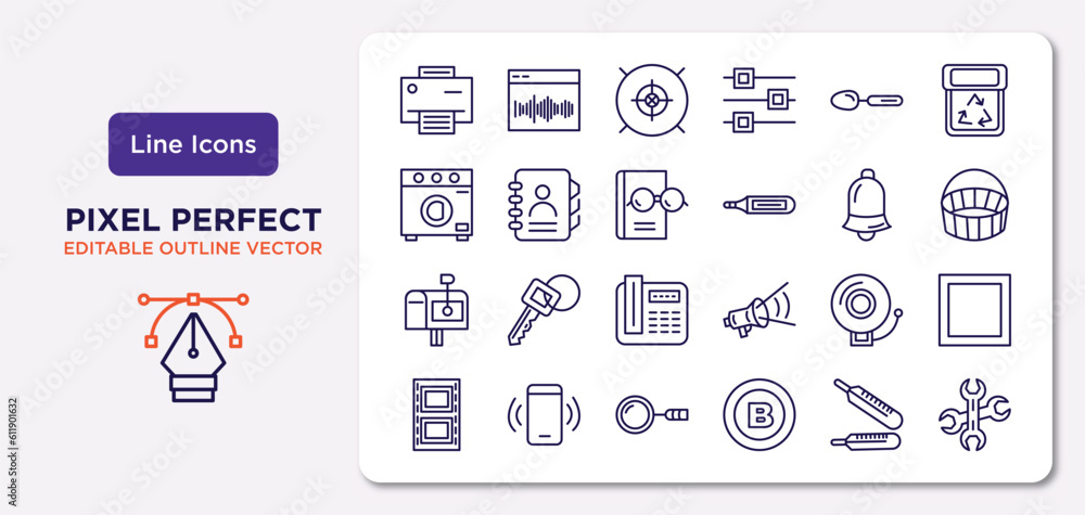 Poster tools and utensils outline icons set. thin line icons such as print button, large spoon, reading gla