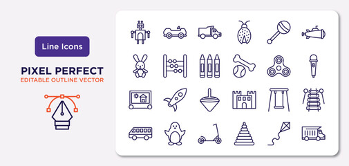toys outline icons set. thin line icons such as robot toy, toy toy, crayons etch a sketch swing skate kite dump truck vector.
