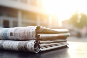 View of stacked newspapers on blurred background - obrazy, fototapety, plakaty