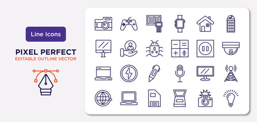 technology outline icons set. thin line icons such as vintage digital camera, domestic, robot insect, open laptop, lcd screen, big floppy disk, camera flash, light on vector.
