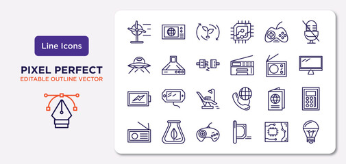 technology outline icons set. thin line icons such as wind power, big joystick, plugs, battery level, international passport, sega gamepad, circuit board, led lamp vector.