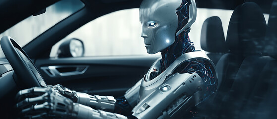 a humanoid robot driving a car. generative, ai