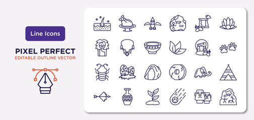 stone age outline icons set. thin line icons such as skin, dolmen, plate, arthropod, mammoth, plant, moai, cave painting vector.