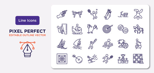 sports outline icons set. thin line icons such as starting gun, skibob, ski poles, man windsurfing, football cup, skiing, podium with cup, game board vector.