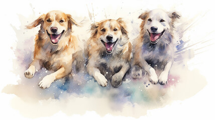 a group of cheerful dogs running on a white watercolor background. Generative AI