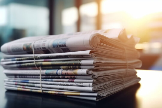 View of stacked newspapers on blurred background