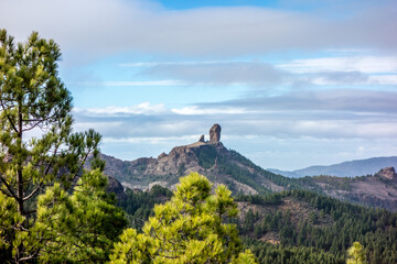 View of Roque Nublo from Pico de las Nieves on the island of Gran Canaria, Canary Islands, Spain - 611902047