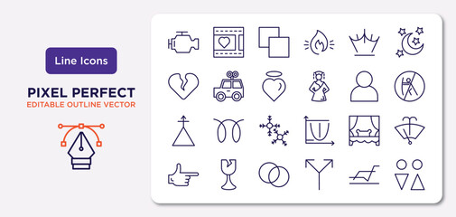 shapes outline icons set. thin line icons such as malfunction indicador, reign, pure love, phosphorus, spa room, circles, multiple line, male and female vector.