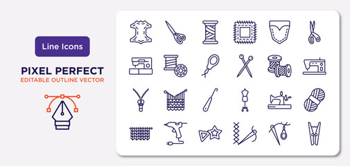 sew outline icons set. thin line icons such as leather, jeans pocket, threader, slide fastener, old sewing hine, sewing marker, threading, clothespin vector.