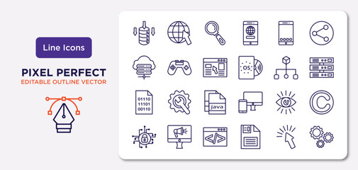 Fototapeta na wymiar seo outline icons set. thin line icons such as data storage, mobile app, landing page, binary code, visibility, coding, click, cogwheel vector.