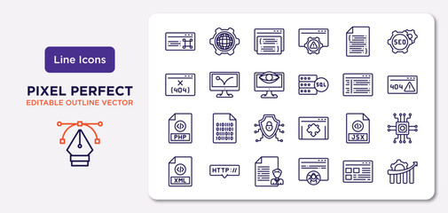 programming outline icons set. thin line icons such as command, software, seo monitoring, php, jsx, seo report, ux de, seo growth vector.