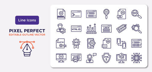 programming outline icons set. thin line icons such as archive, js, seo ranking, encripted file, cross-platform, seo consulting, web optimization, hardware vector.