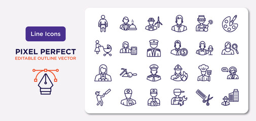 professions outline icons set. thin line icons such as boxer, welder, captain, lawyer, cooker, photographer, hairdresser, civil engineer vector.