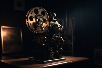 Fototapeta na wymiar Vintage old fashioned projector in a dark room projecting a film cinematography concept