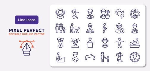 Fototapeta na wymiar people outline icons set. thin line icons such as person listening, woman hair, teacher reading, chief, standing frontal man, man hair, girl dancing, masculine avatar vector.