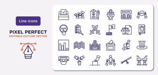 political outline icons set. thin line icons such as election, women rights, war, poll, bribe, ballot, nightstick, debate vector.
