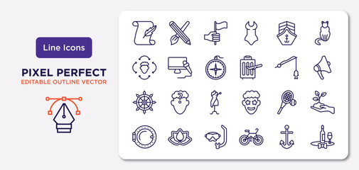 people skills outline icons set. thin line icons such as calligraphist, cargo ship front view, big compass, boat rudder, tennis player, diving mask, sailboat anchor, sommelier vector.