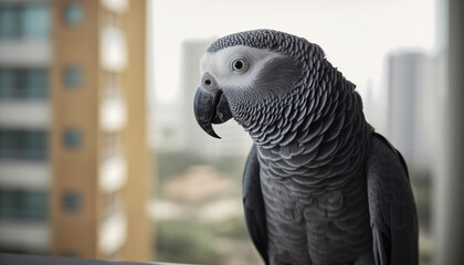 Obraz premium African gray parrot bird lonely looks out of the window as he is far from his owner who has to work outside. Pets and animal concept. Generative AI