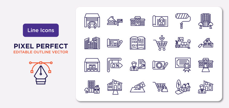 real estate outline icons set. thin line icons such as garage, paint roll, catalog, storehouse, certification, deposit, neighborhood, or vector.