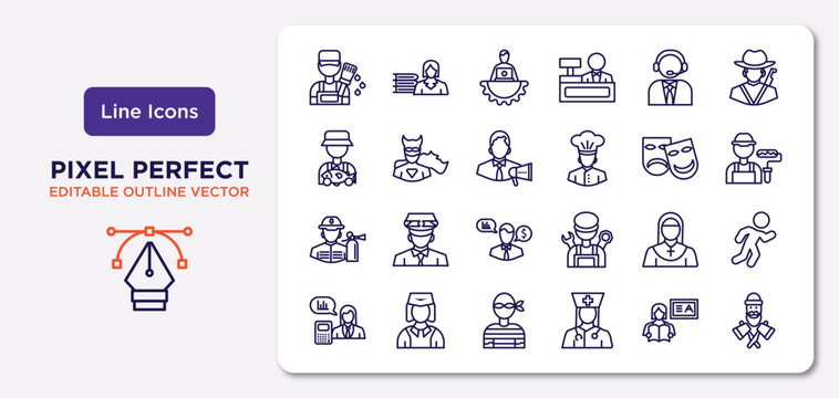 professions outline icons set. thin line icons such as painter, callcenter, marketing manager, fireman, nun, thief, teacher, lumberjack vector.