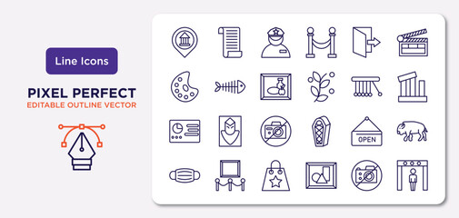 museum outline icons set. thin line icons such as museum map, exit, still life, panel, open, souvenir, no photo, metal detector vector.
