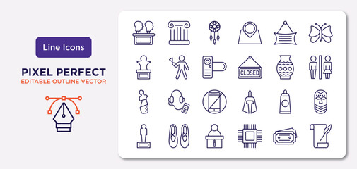 museum outline icons set. thin line icons such as remains,  , photographic, venus de milo, acrylic, information desk, museum ticket, poetry vector.
