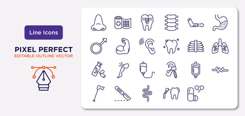 medical outline icons set. thin line icons such as e, inhalator, arm, lungs, otoscope, scalpel, dental drill, drugs vector.