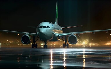 Passengers airplane landing to airport runway on night