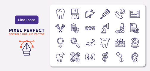 medical outline icons set. thin line icons such as tooth, emergency call, braces, female, epidermis, kidney, tablets, microbe vector.