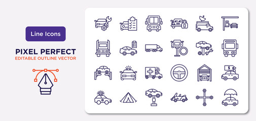 mechanicons outline icons set. thin line icons such as car repairing, van an antenna, truck side view, car on an elevator, car inside a garage, garage elevator, changing wheels tool, with umbrella