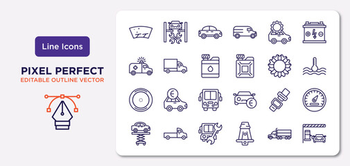 Fototapeta na wymiar mechanicons outline icons set. thin line icons such as glass wiper, car with cogwheels, water tank for vehicles, car wheel, car seat belt, repairing bus, transportation truck, in a gas station
