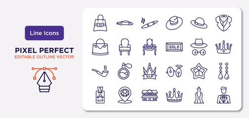 luxury outline icons set. thin line icons such as gift bag, bowler hat, dressing table, smoke pipe, stars, cottage, luxury dress, business man vector.