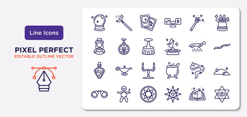 magic outline icons set. thin line icons such as crystal ball, magic, acrobatic, potion, smoke, astral, magic book, esoteric vector.