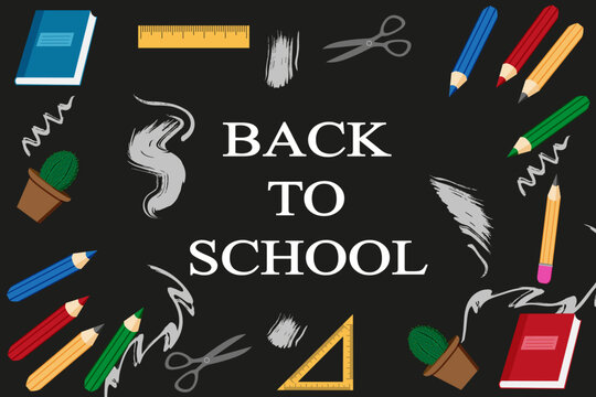Back to School concept. Set of ruler, notebook, pencil on blackboard. Background of School supplies. Horizontal vector banner. 
