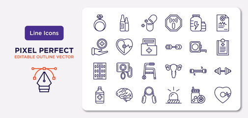 health and medical outline icons set. thin line icons such as rings, proteins, medical result, contraceptive pills, chest expander, handgrip, orange juice, beat vector.