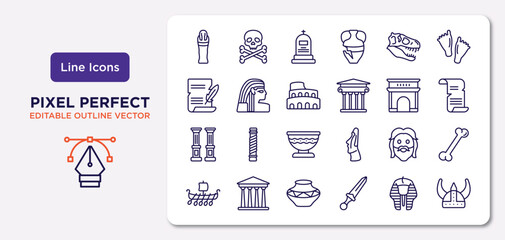 history outline icons set. thin line icons such as mummy, diaur, colosseum, columns, face, ancient jar, sphinx, viking helmet vector.