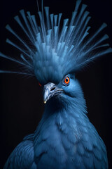 blue bird with headdress isolated on black background, generative ai