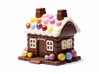 A beautiful candy house that is built out of chocolates. Decorated with various colorful candies. Isolated on white background.

