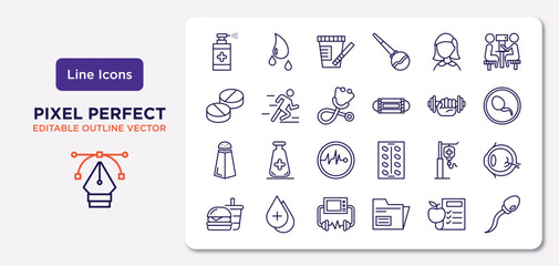 health and medical outline icons set. thin line icons such as desinfectant, girl, phonendoscope, salt, saline, defibrillator, nutrition, sperm vector.
