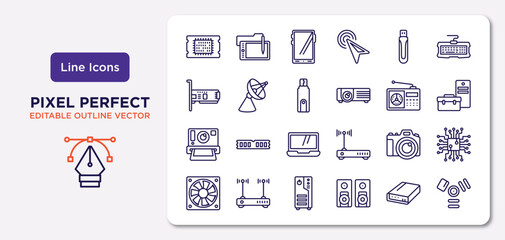 hardware outline icons set. thin line icons such as big processor, usb flash, flash card, camera, big camera, computer case, local disk, firewire vector.
