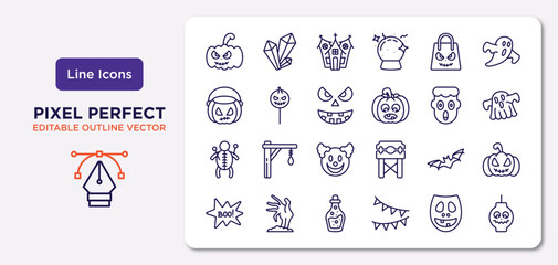halloween outline icons set. thin line icons such as american, halloween bag, pumpkin face, doll, bats, flask bottle, facial mask, lanterns vector.